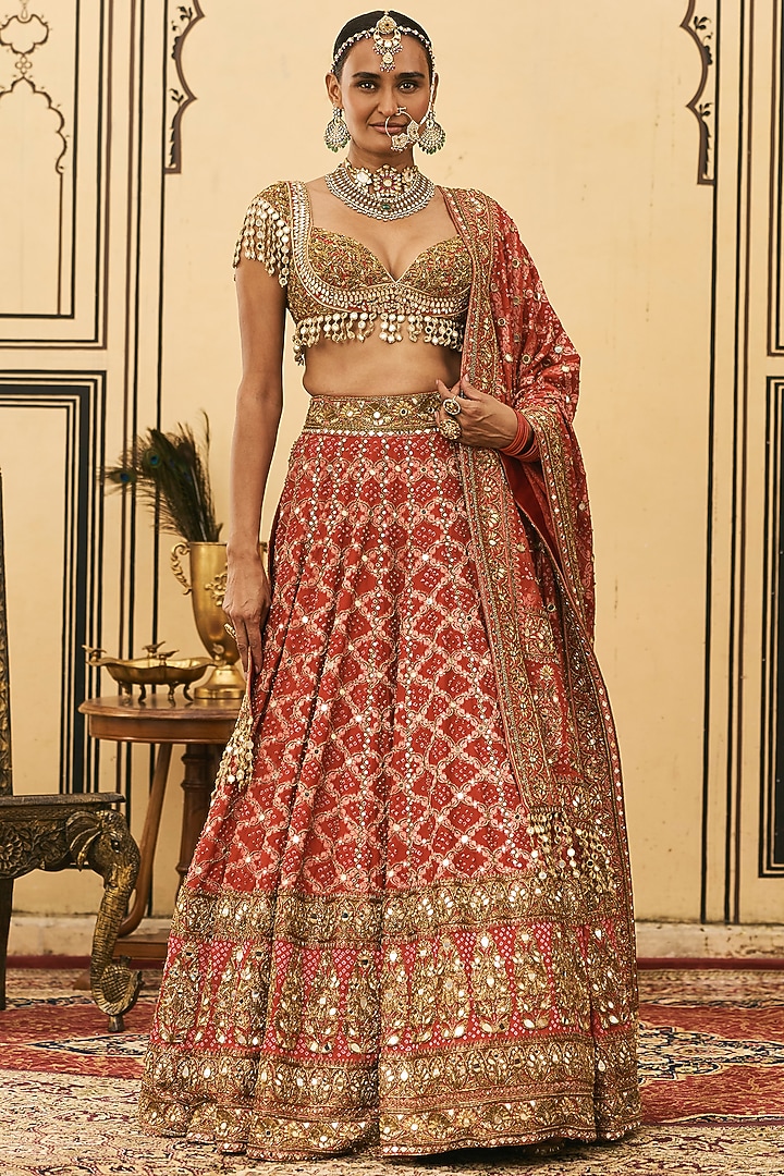 Radiant Red Bandhani Bridal Lehenga Set by ITRH at Pernia's Pop Up Shop
