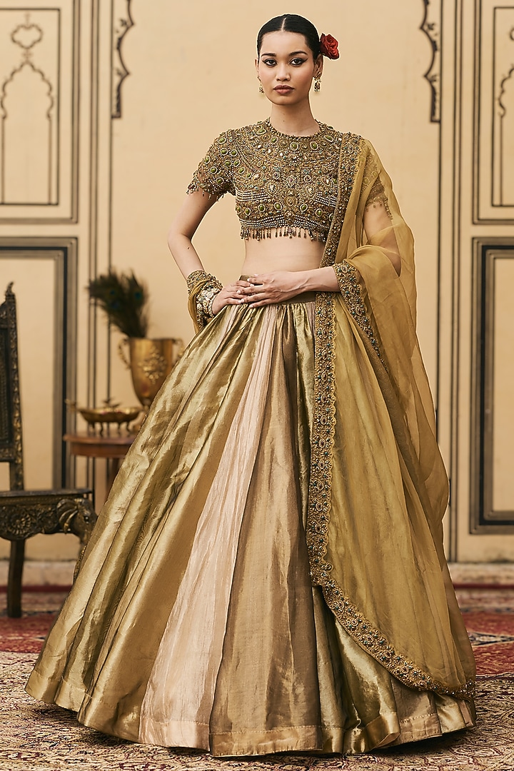 Multi-Colored Silk Tissue Brocade Bridal Lehenga Set by ITRH at Pernia's Pop Up Shop