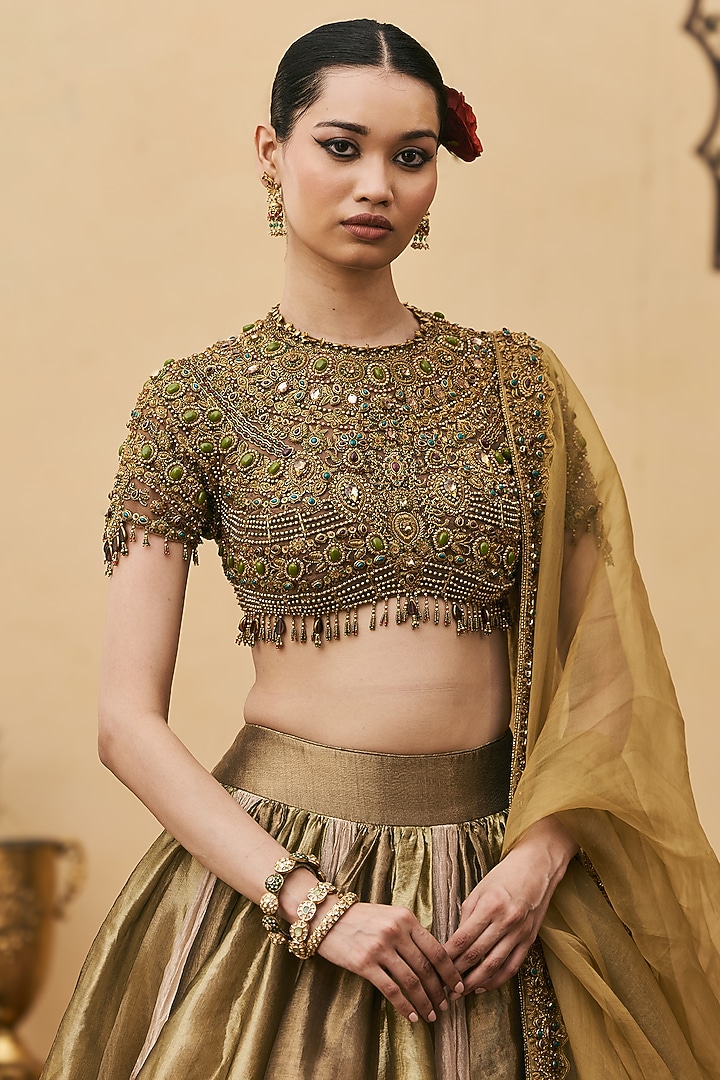 Multi-Colored Silk Tissue Brocade Bridal Lehenga Set by ITRH at Pernia's Pop Up Shop