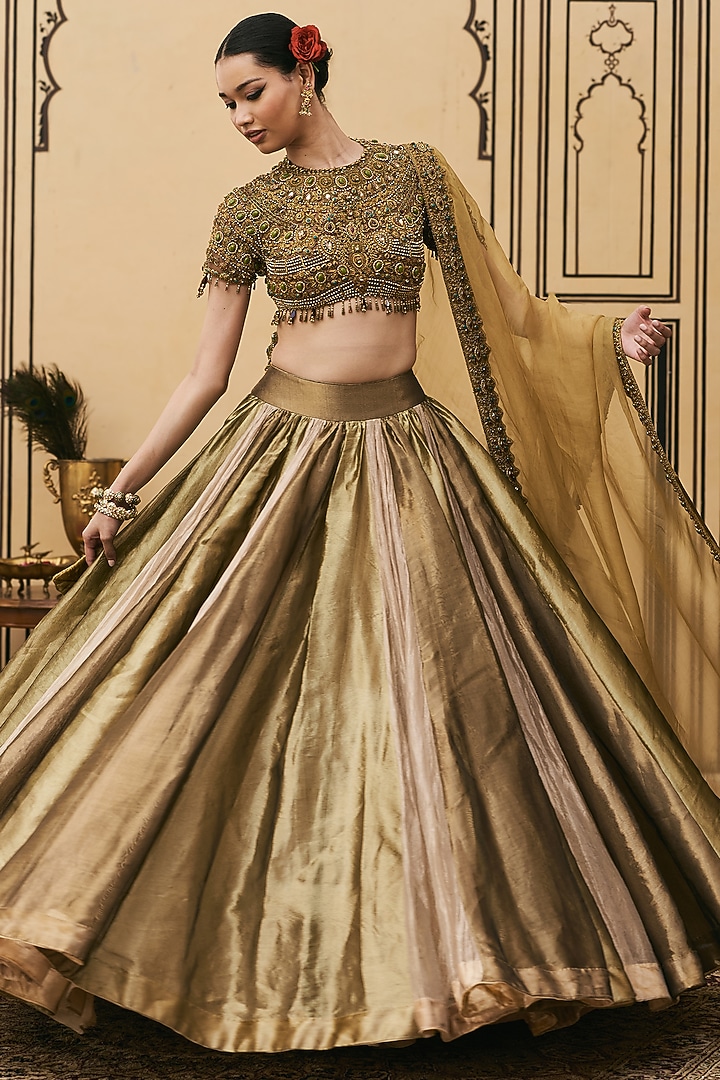 Multi-Colored Silk Tissue Brocade Bridal Lehenga Set by ITRH at Pernia's Pop Up Shop