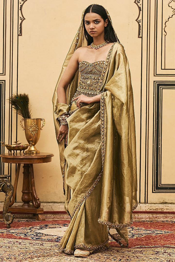 Bright Moss Green Tissue Bridal Saree Set by ITRH at Pernia's Pop Up Shop