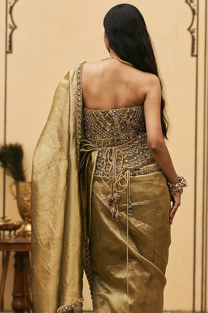 Bright Moss Green Tissue Bridal Saree Set by ITRH at Pernia's Pop Up Shop