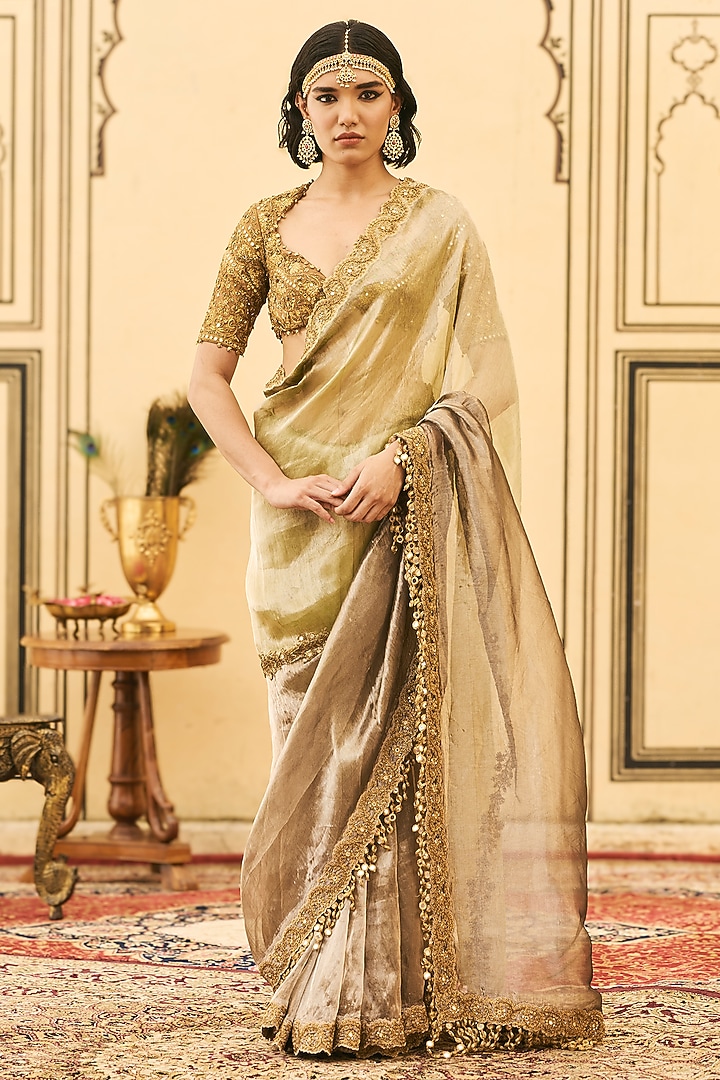 Black & Green Tissue Zardosi Embroidered Bridal Saree Set by ITRH at Pernia's Pop Up Shop