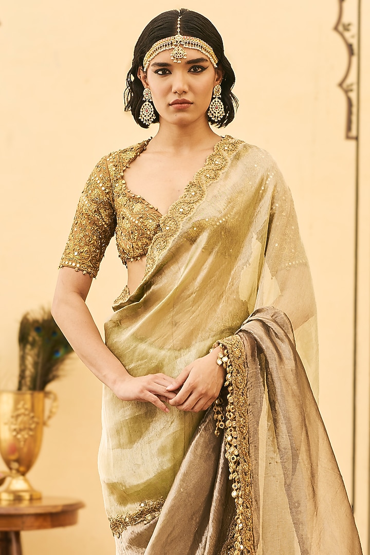 Black & Green Tissue Zardosi Embroidered Bridal Saree Set by ITRH at Pernia's Pop Up Shop