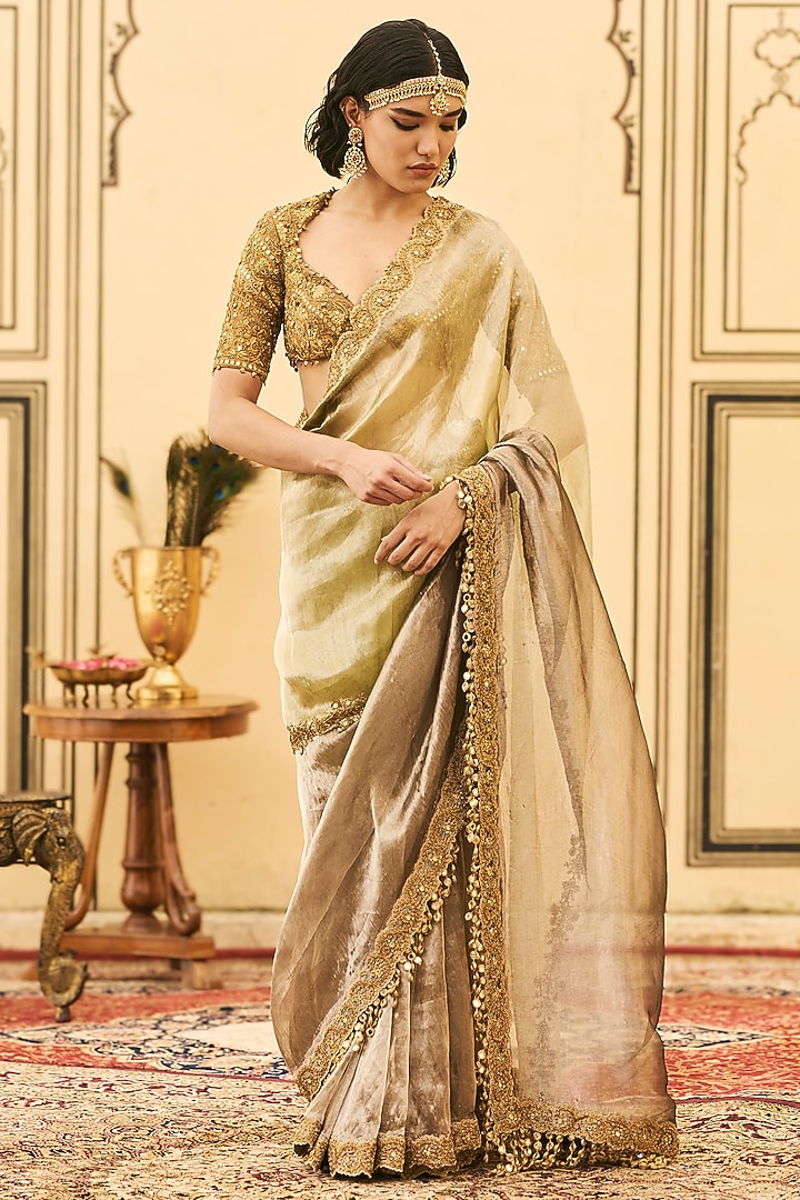 Black & Green Tissue Zardosi Embroidered Bridal Saree Set by ITRH at Pernia's Pop Up Shop