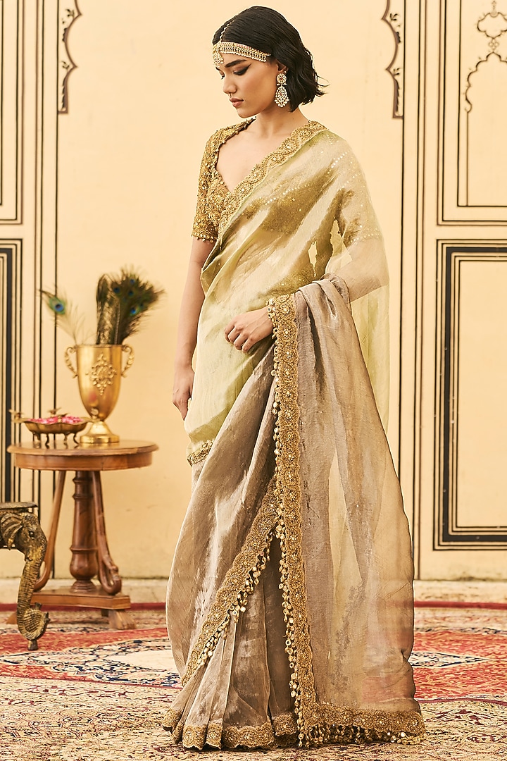 Black & Green Tissue Zardosi Embroidered Bridal Saree Set by ITRH at Pernia's Pop Up Shop
