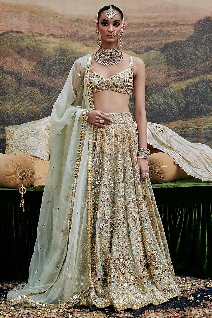 Powder Blue Organza Motif & Mirror Embroidered Bridal Lehenga Set by ITRH at Pernia's Pop Up Shop