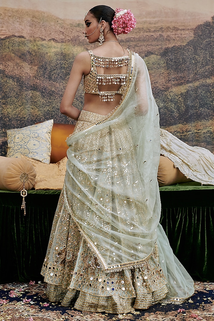 Powder Blue Organza Motif & Mirror Embroidered Bridal Lehenga Set by ITRH at Pernia's Pop Up Shop