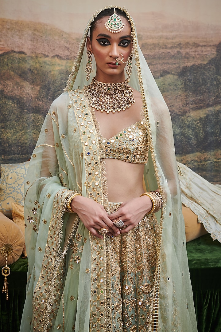 Powder Blue Organza Motif & Mirror Embroidered Bridal Lehenga Set by ITRH at Pernia's Pop Up Shop