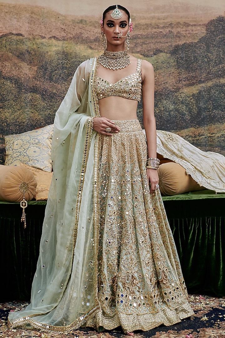 Powder Blue Organza Motif & Mirror Embroidered Bridal Lehenga Set by ITRH at Pernia's Pop Up Shop