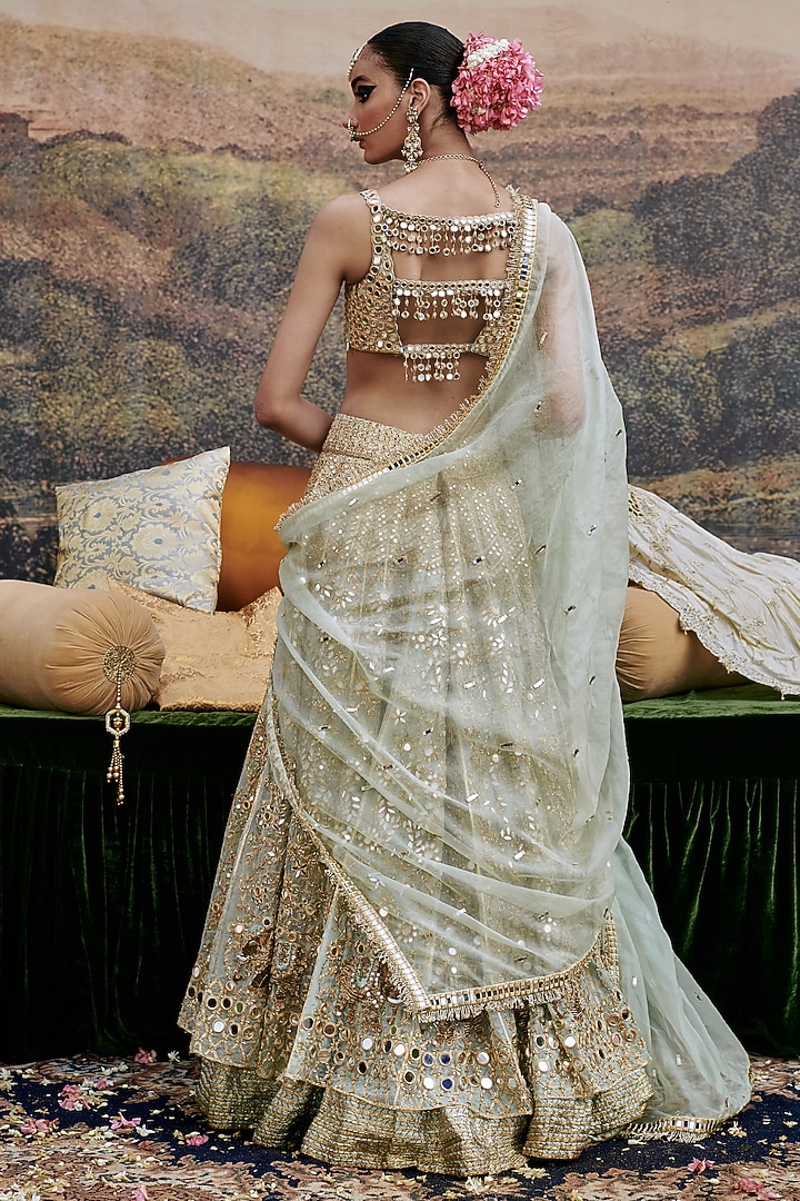 Powder Blue Organza Motif & Mirror Embroidered Bridal Lehenga Set by ITRH at Pernia's Pop Up Shop