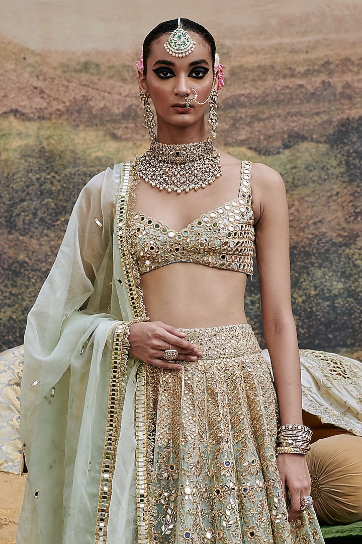 Powder Blue Organza Motif & Mirror Embroidered Bridal Lehenga Set by ITRH at Pernia's Pop Up Shop