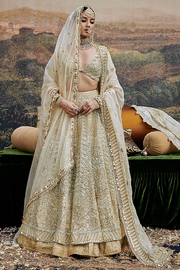 Ivory Organza Gota & Mirror Embroidered Bridal Lehenga Set by ITRH at Pernia's Pop Up Shop