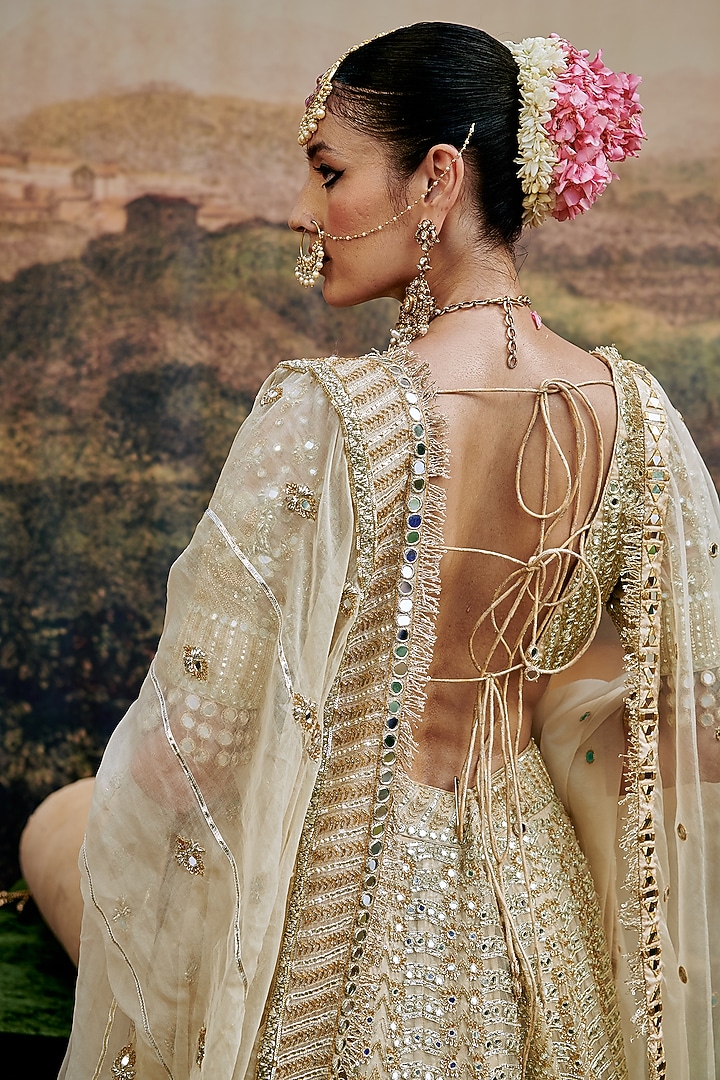 Ivory Organza Gota & Mirror Embroidered Bridal Lehenga Set by ITRH at Pernia's Pop Up Shop