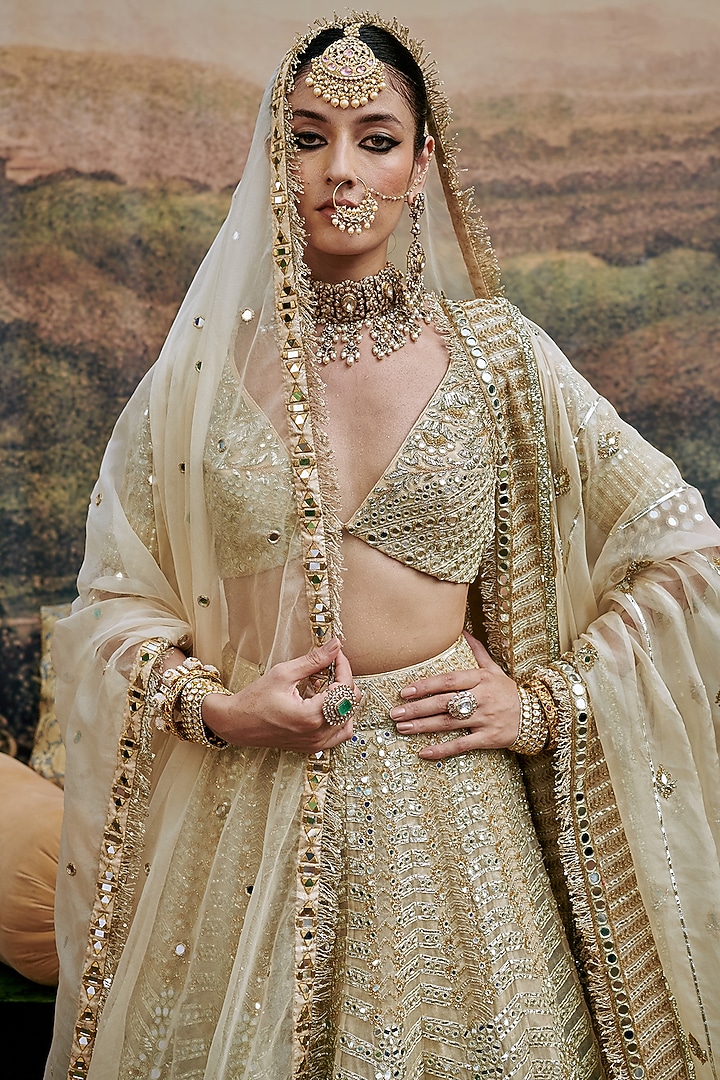 Ivory Organza Gota & Mirror Embroidered Bridal Lehenga Set by ITRH at Pernia's Pop Up Shop
