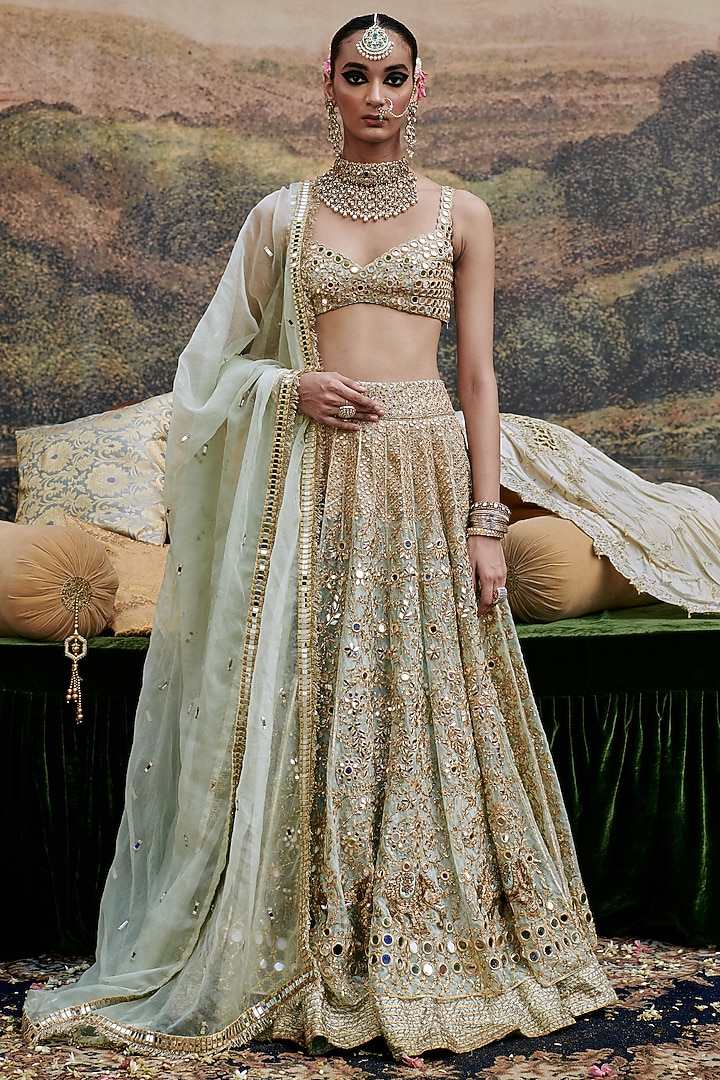 Ivory Organza Gota & Mirror Embroidered Bridal Lehenga Set by ITRH at Pernia's Pop Up Shop