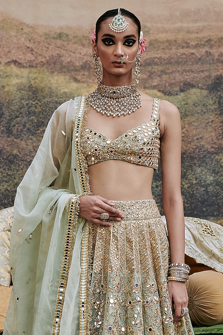 Ivory Organza Gota & Mirror Embroidered Bridal Lehenga Set by ITRH at Pernia's Pop Up Shop