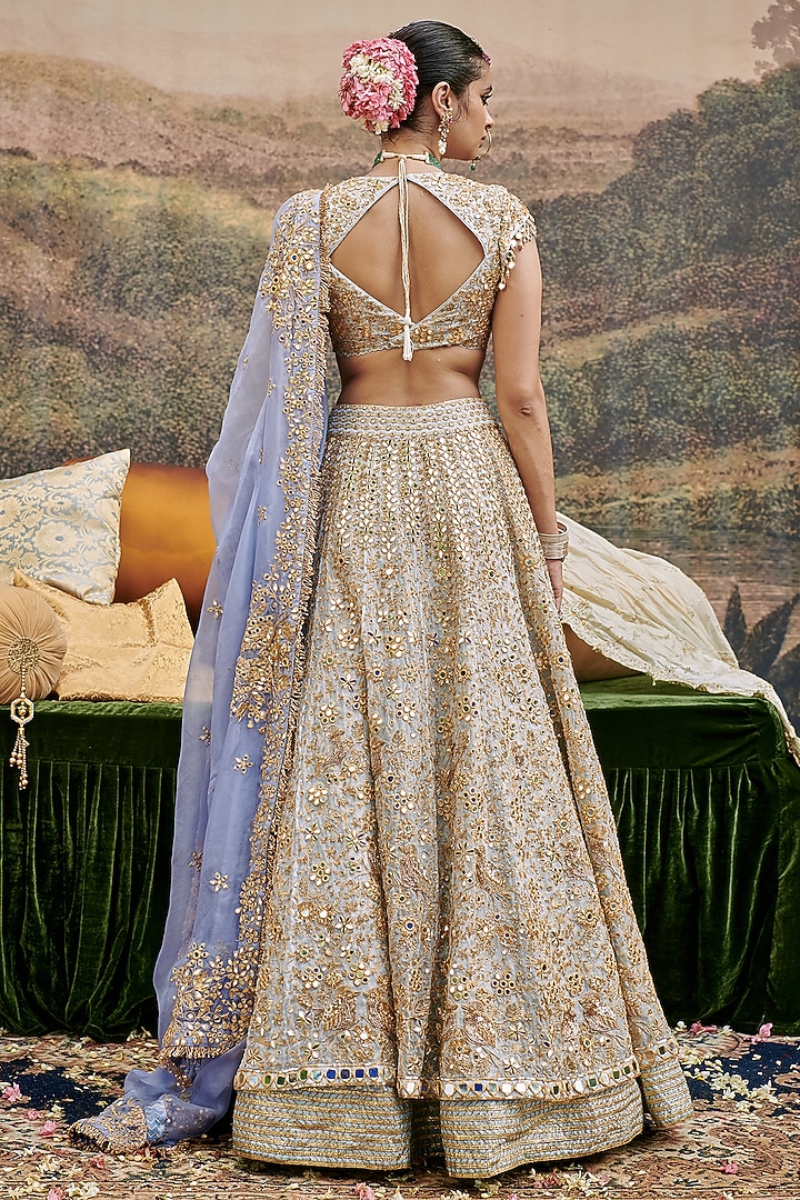 Powder Blue Organza Gota & Mirror Embroidered Bridal Lehenga Set by ITRH at Pernia's Pop Up Shop