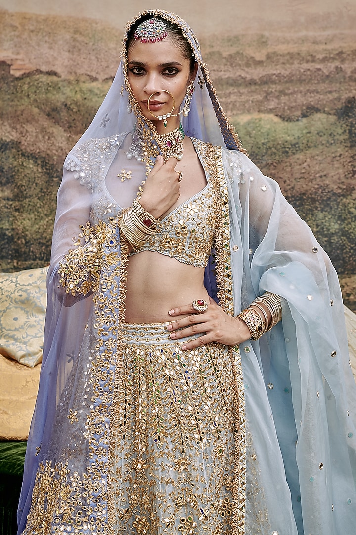 Powder Blue Organza Gota & Mirror Embroidered Bridal Lehenga Set by ITRH at Pernia's Pop Up Shop