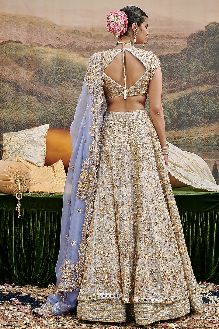 Powder Blue Organza Gota & Mirror Embroidered Bridal Lehenga Set by ITRH at Pernia's Pop Up Shop