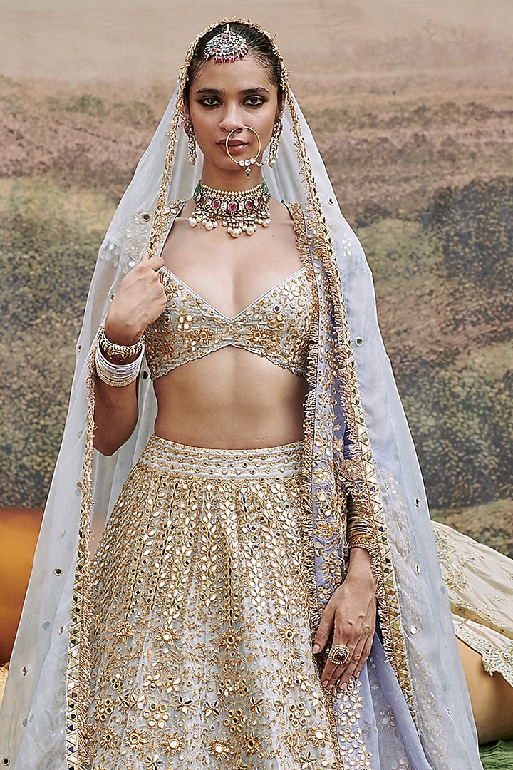 Powder Blue Organza Gota & Mirror Embroidered Bridal Lehenga Set by ITRH at Pernia's Pop Up Shop