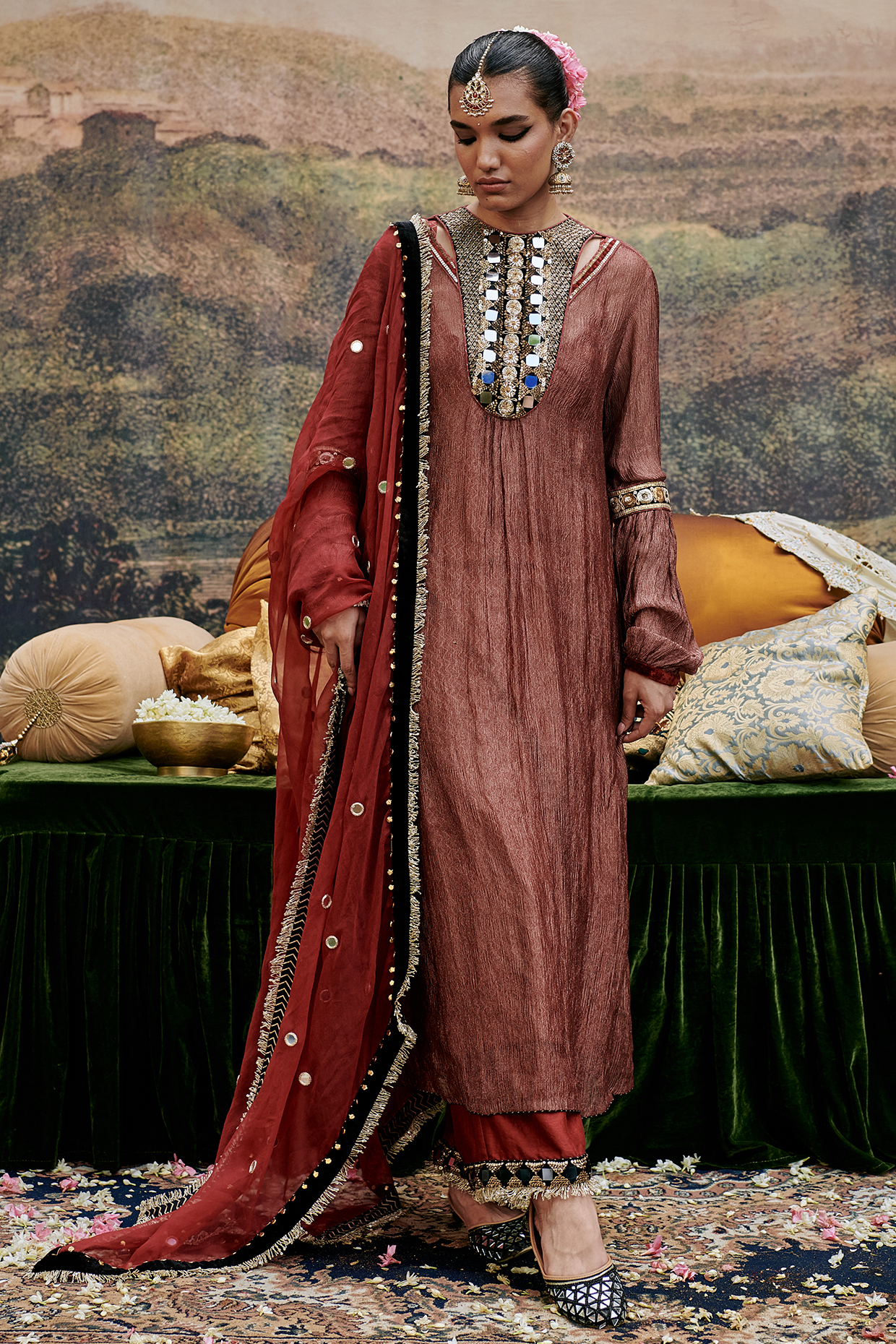 Red Crushed Tissue Mirror Embroidered Kurta Set by ITRH at Pernia's Pop Up Shop