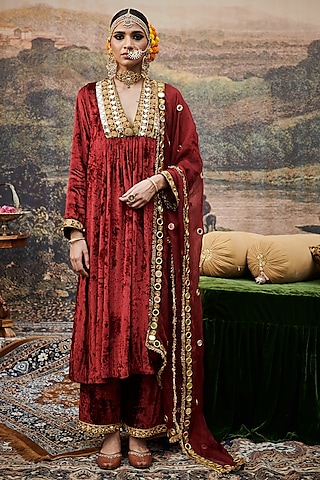 Red Velvet Mirror Embroidered Kurta Set by ITRH