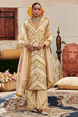 Gold Raw Silk Mirror Embroidered Kurta Set by ITRH