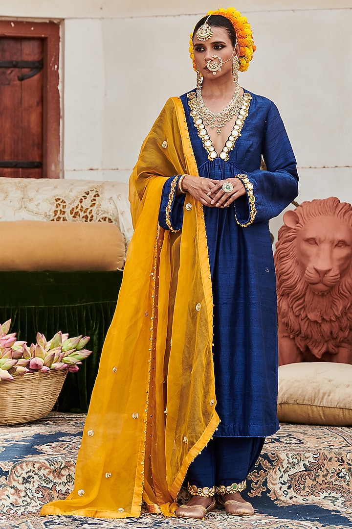 Blue Raw Silk Mirror Embroidered Kurta Set by ITRH at Pernia's Pop Up Shop