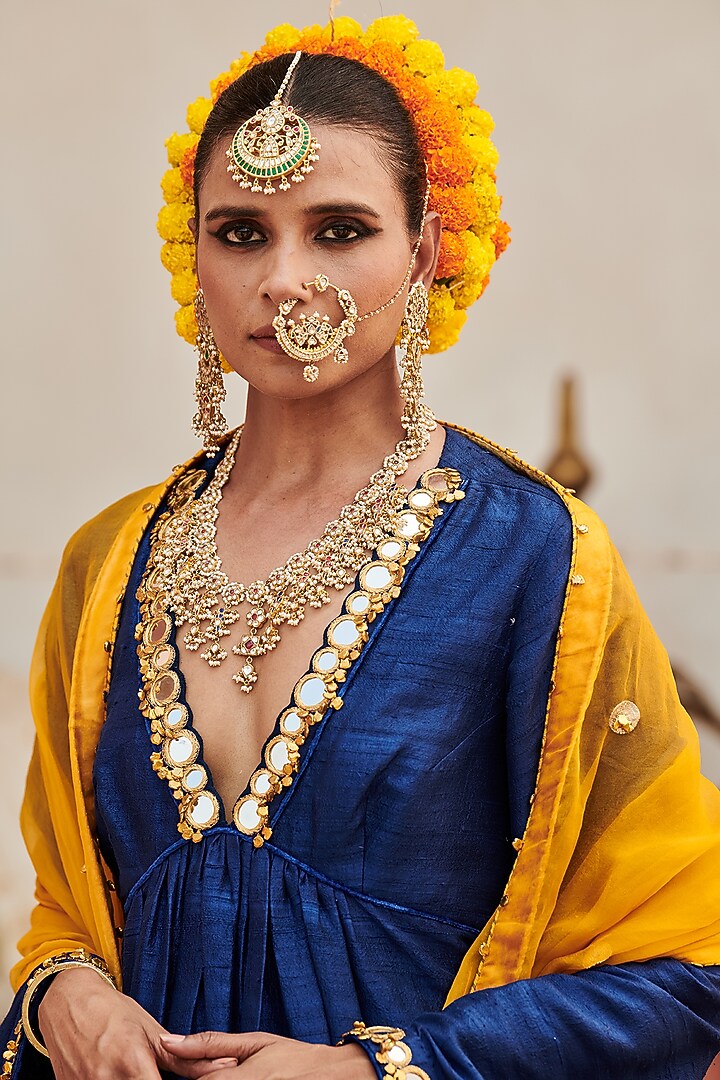 Blue Raw Silk Mirror Embroidered Kurta Set by ITRH at Pernia's Pop Up Shop