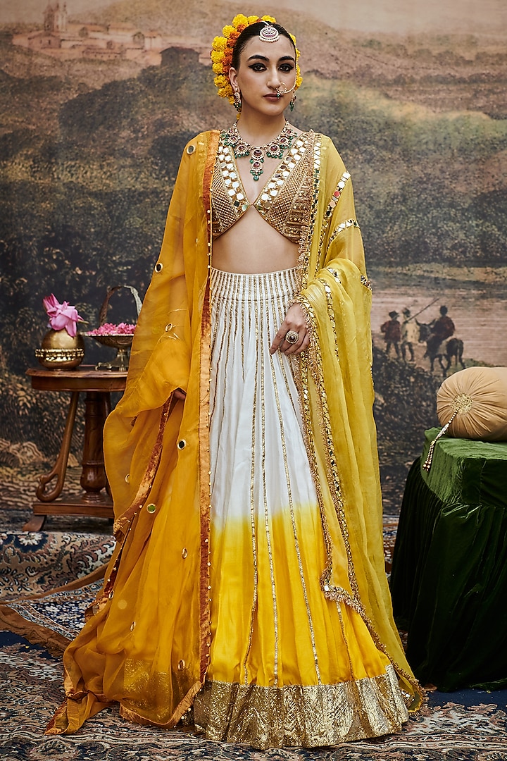 White & Yellow Ombre Chanderi Gota Embroidered Bridal Lehenga Set by ITRH at Pernia's Pop Up Shop