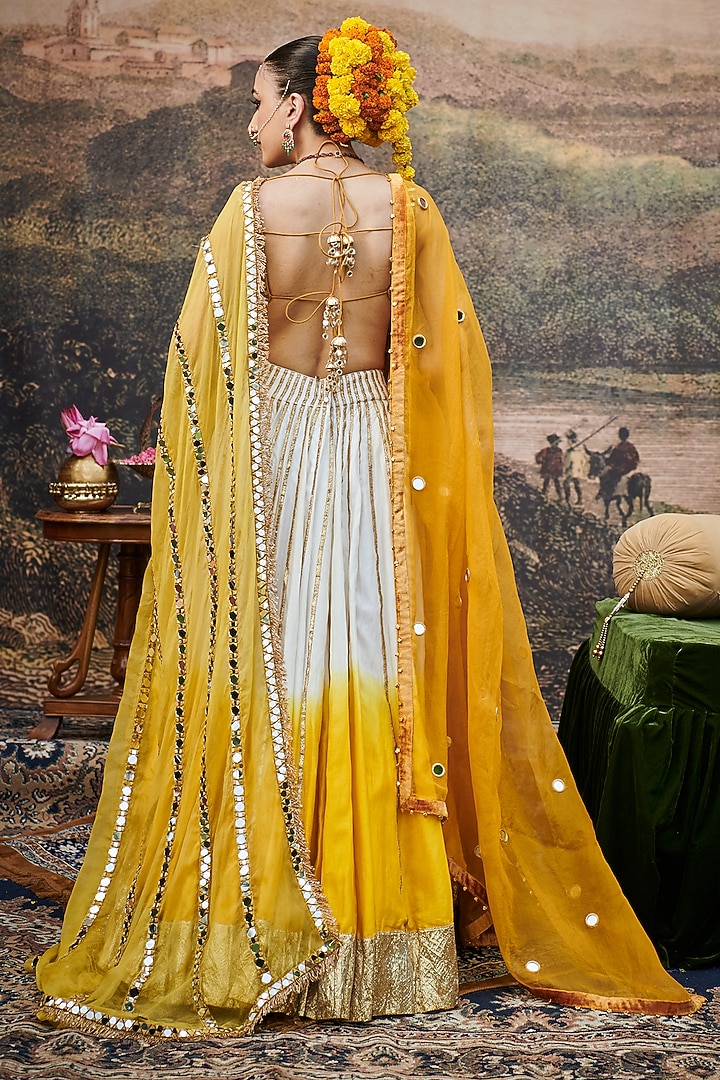 White & Yellow Ombre Chanderi Gota Embroidered Bridal Lehenga Set by ITRH at Pernia's Pop Up Shop