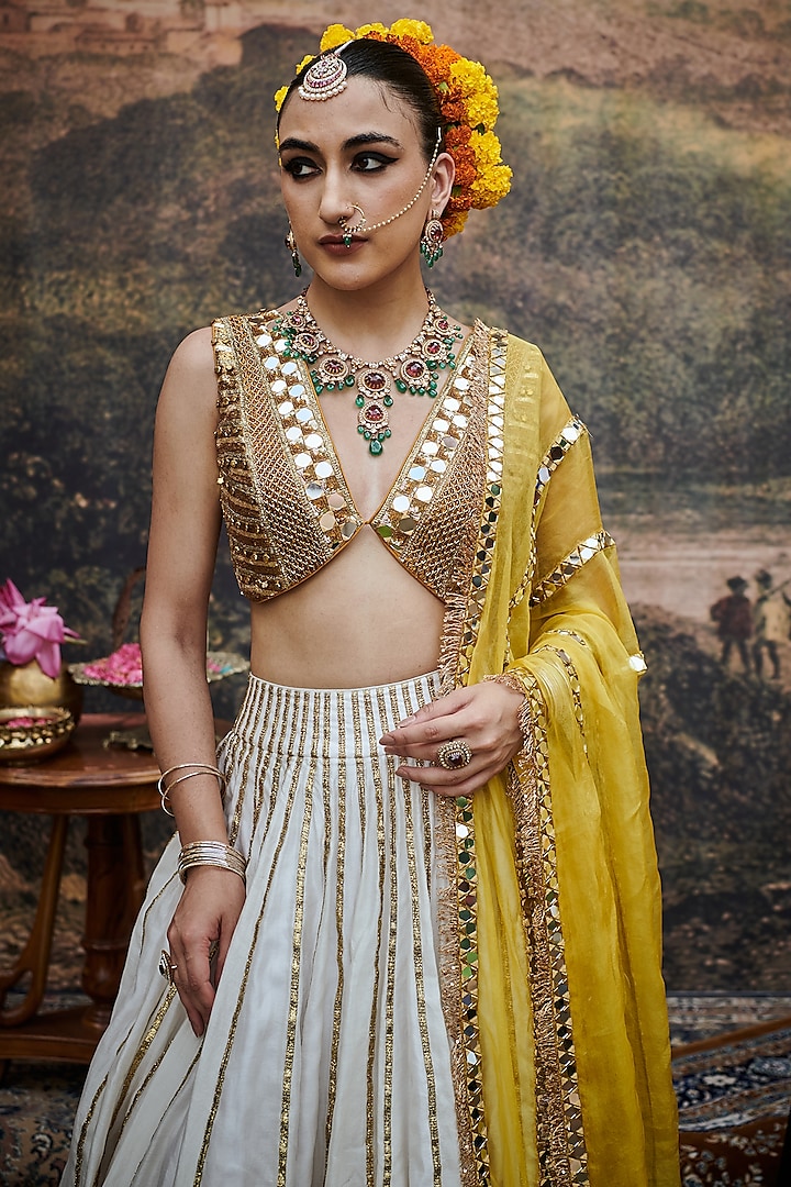 White & Yellow Ombre Chanderi Gota Embroidered Bridal Lehenga Set by ITRH at Pernia's Pop Up Shop