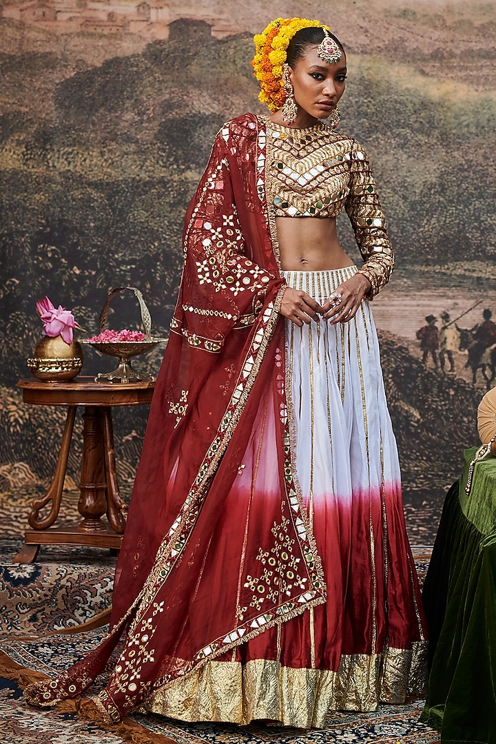 White & Red Ombre Velvet Gota Embroidered Bridal Lehenga Set by ITRH at Pernia's Pop Up Shop