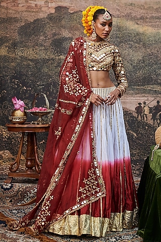 White & Red Ombre Velvet Gota Embroidered Lehenga Set by ITRH