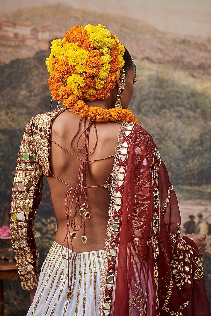 White & Red Ombre Velvet Gota Embroidered Bridal Lehenga Set by ITRH at Pernia's Pop Up Shop