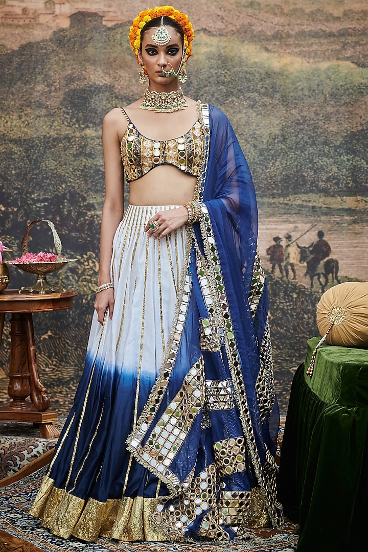 White & Blue Ombre Chanderi Gota Embroidered Lehenga Set by ITRH