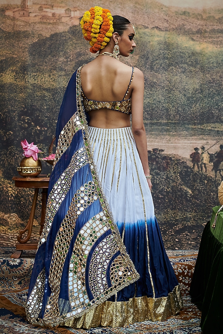 White & Blue Ombre Chanderi Gota Embroidered Bridal Lehenga Set by ITRH at Pernia's Pop Up Shop