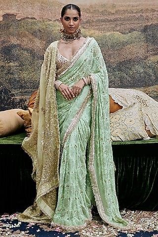 Mint Green Lucknowi Kiran Hand Embroidered Saree Set by ITRH