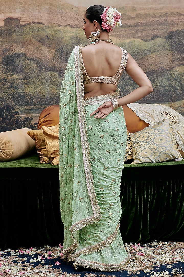 Mint Green Lucknowi Kiran Hand Embroidered Bridal Saree Set by ITRH at Pernia's Pop Up Shop