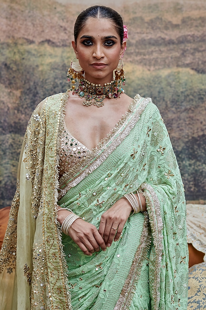 Mint Green Lucknowi Kiran Hand Embroidered Bridal Saree Set by ITRH at Pernia's Pop Up Shop