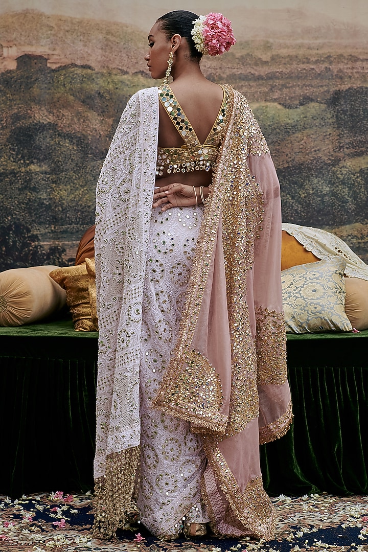 Light Pink Lucknowi Hand Embroidered Bridal Saree Set by ITRH at Pernia's Pop Up Shop