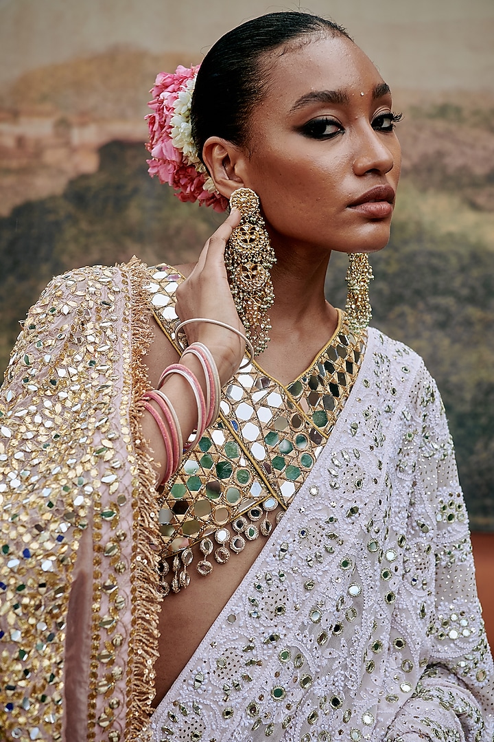 Light Pink Lucknowi Hand Embroidered Bridal Saree Set by ITRH at Pernia's Pop Up Shop