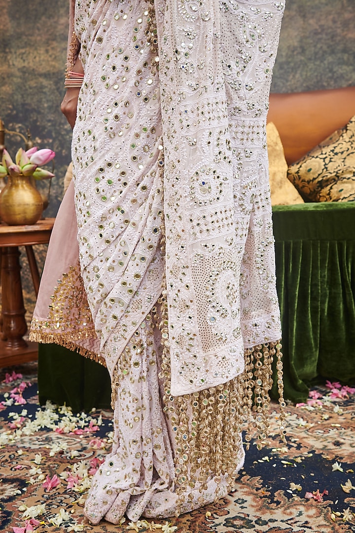 Light Pink Lucknowi Hand Embroidered Bridal Saree Set by ITRH at Pernia's Pop Up Shop