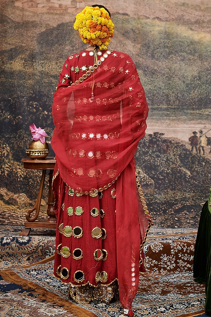 Red Khaddar Silk Mirror Embroidered Bridal Anarkali Set by ITRH at Pernia's Pop Up Shop