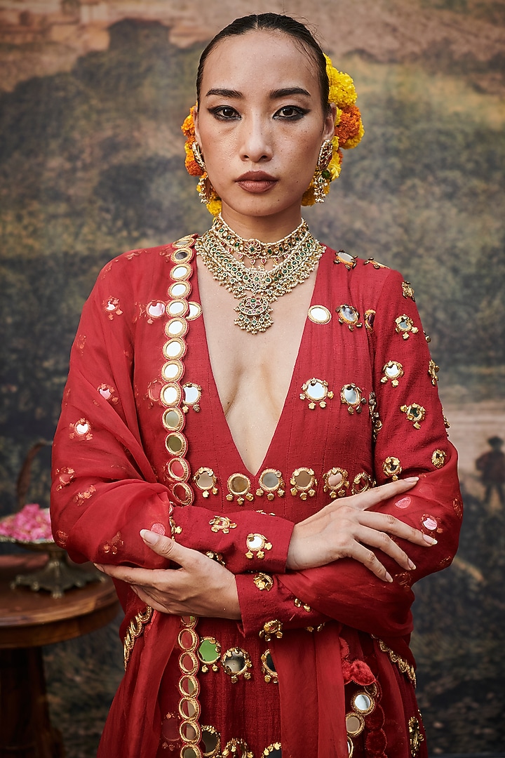 Red Khaddar Silk Mirror Embroidered Bridal Anarkali Set by ITRH at Pernia's Pop Up Shop