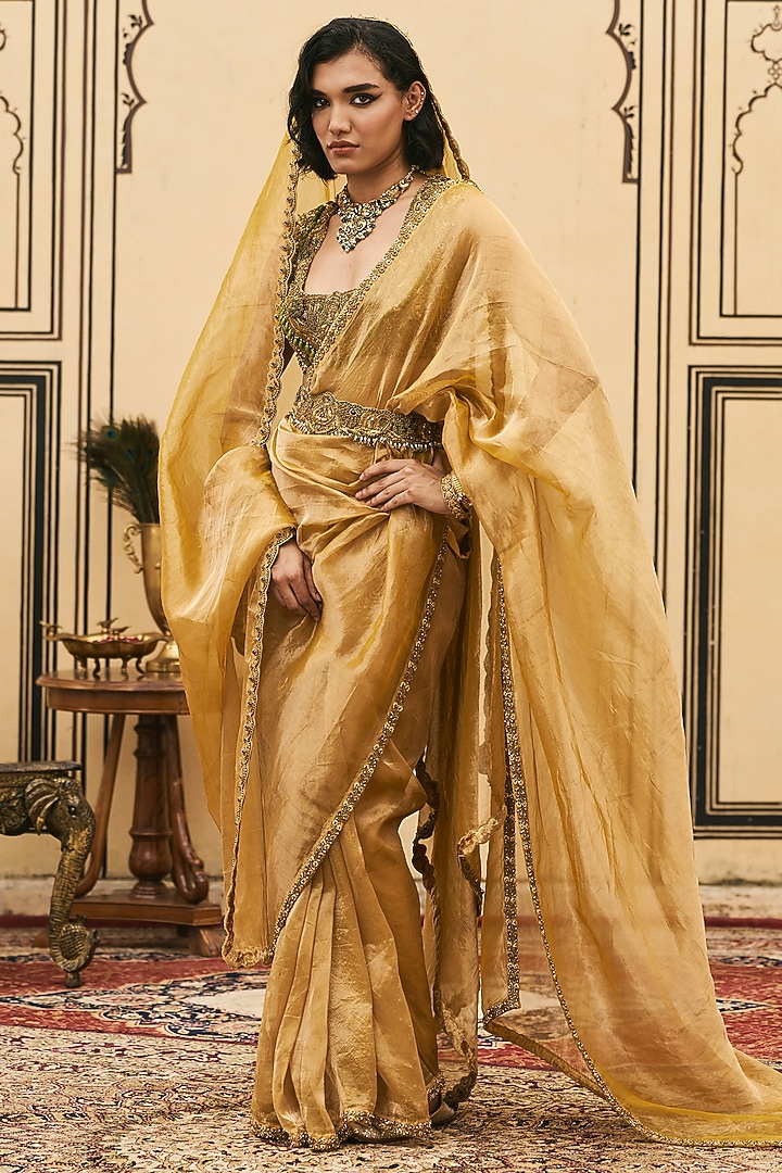 Mustard Silk Tissue Bridal Saree Set by ITRH at Pernia's Pop Up Shop
