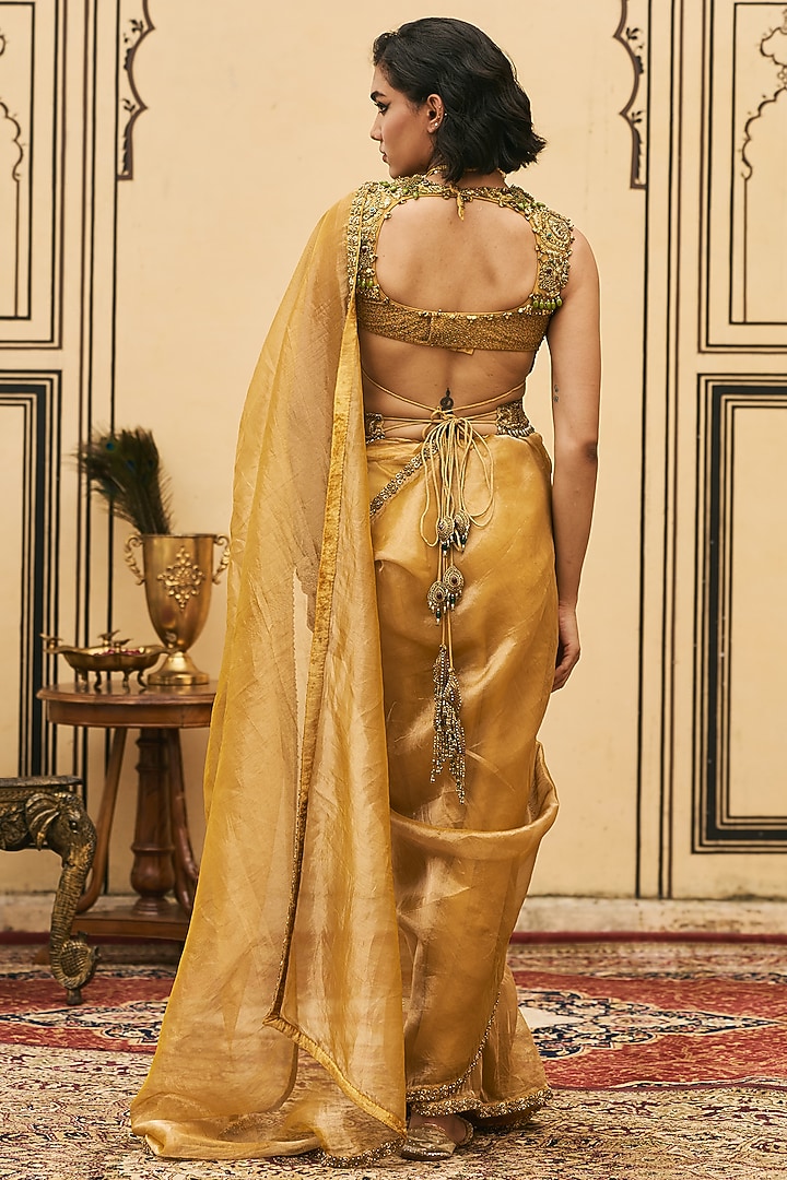 Mustard Silk Tissue Bridal Saree Set by ITRH at Pernia's Pop Up Shop
