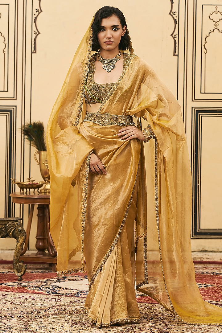 Mustard Silk Tissue Bridal Saree Set by ITRH at Pernia's Pop Up Shop