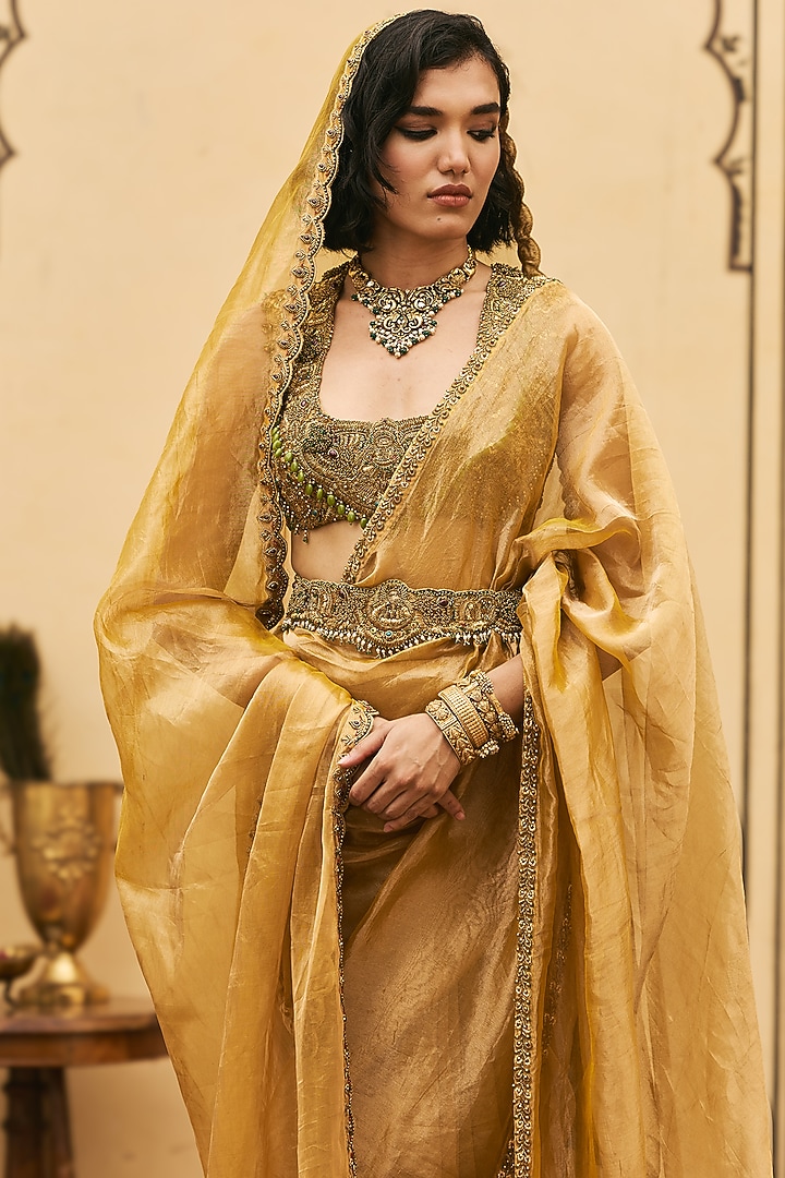 Mustard Silk Tissue Bridal Saree Set by ITRH at Pernia's Pop Up Shop